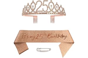 CEQINY 25. Geburtstag Schärpe Und Tiara, Krone 25 Roségold Kristall Geburtstagkrone Set, Rose Gold Geburtstagskrone Schärpe Deko Birthday Crown für Mädchen Frauen Birthday Party Accessoires