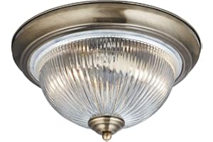 Britalia Antique Brass & Clear Ribbed Glass Bathroom Vintage Round Flush Ceiling Light 290mm | 2 x E14 SES Lamp Bulbs Required (Not Included) | IP44 Rated | Suitable for Outdoor Use