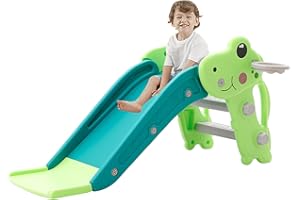 YULEYU Toddler Slide Indoor, Baby Slide with Basketball Hoop and Ball, FreeStanding Toddler First Slide Playset (Dinosaur) (Green)