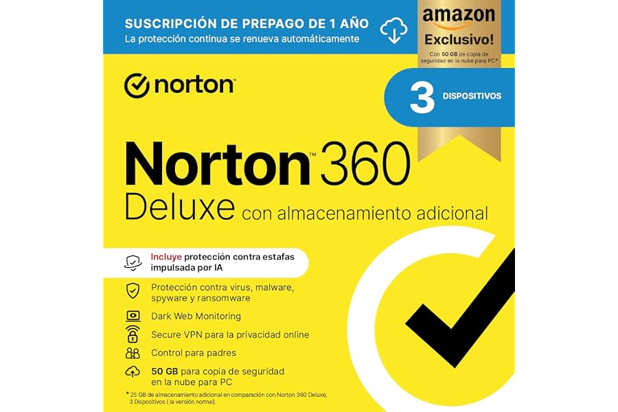 Norton 360 Deluxe Exclusivo Amazon*|Antivirus 3 Dispositivos|1 año con renovación automática| Descarga digital