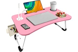 HOBUBU Laptop Bed Table, Foldable Portable Bed Tray Lap Desk Sturdy with Cup Holder for Eating, Writing, Working on Bed/Sofa with Little Gift (Small Fan, Small Lamp) (Pink)