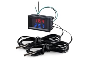 FBBULES Termómetro Digital con 2 Sondas de Metal Impermeable, DC 4-28V LED Medidor de Temperatura de Pantalla Dual -55 ~ + 120 ℃ Temperature Meter, Cable:3m, Rojo&Azul