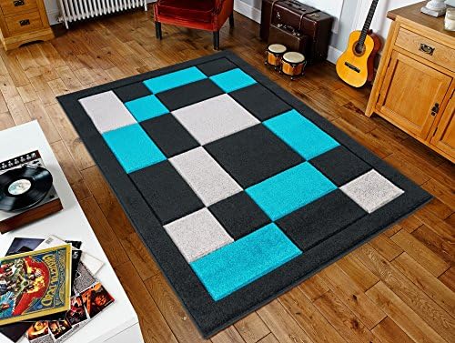 New Soft &amp; Thick Premium Quality Rugs Havana Beautiful Squares Design Rugs (Small-X Large) (60cm x 110cm (2'0″ x 3' 7″), Black Teal)