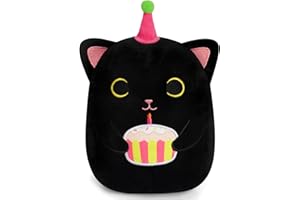 Yamepuia Black Cat Plush,8in Black Cat Stuffed Animal with Birthday Cake,Kawaii Cat Plush Pillow Stuffed Birthday Toys Gifts for Kids