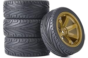 RC Auto Reifen und Räder Set,KINGCOO 4Stück 65mm Gummireifen und Kunststoff Räder 6 Speichen Felgen 12mm Hex für 1/10 RC On-Road Touring Racing Auto für HSP HPI Kyosho Tamiya (Gold)
