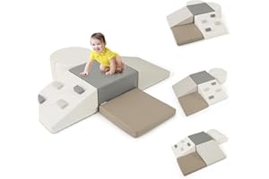 HOMFME Parcours Motricité Bébé en Mousse 6 Pièces, Blocs d’Escalade avec Housse en Cuir et Attaches à Crochets et Boucles, Aire de Jeux à Différentes Formes, Idéal pour Enfants 3 Ans Plus (Gris)