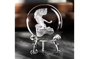 IFOLAINA 3D Tiger Crystal Ball 2.4" with Stand Glass Laser Engraved Tigers Ball Figurine Decorative Glass Ball Paperweights for Home Office