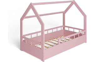 MS FACTORY Letto Casetta in Massello 80x160cm con Telaio a Doghe - Letto per Bambini Singolo con Sponda Anticaduta - Stile Scandinavo Nordico Montessori - Mezze Barriere Rosa