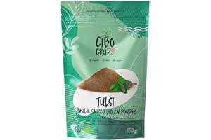 CIBO CRUDO CRUDO BIOLOGICO VEGAN Poudre de Tulsi Bio - 150g. Utilisé pour les Tisanes eu Infusions. Il a des effets Anti-Inflammatoires Antimicrobiens Antioxydants et Adaptogènes. Ocimum Tenuiflorum Basilic Sacré ou Basilic Indien.
