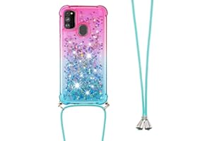 LEMAXELERS Funda con Cuerda para Samsung Galaxy A21S,Carcasa Samsung Galaxy A21S,Brillante Brillo Liquida Quicksand de Cuello Cadena Carcasa Transparente Silicona TPU Case con Collar Correa,YB GS Pink Blue
