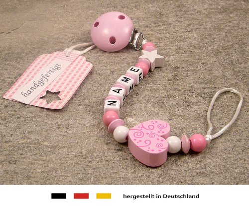 Baby SCHNULLERKETTE mit NAMEN | Schnullerhalter mit Wunschnamen – Mädchen Motiv Herz Ornament in rosa - 2