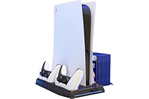 Q-VIEW Support PS5 avec ventilateur de refroidissement pour Playstation 5, chargeur de manette PS5 avec indicateur LED, station de charge PS5 avec stockage de 12 disques de jeu. Disponible en Noir.