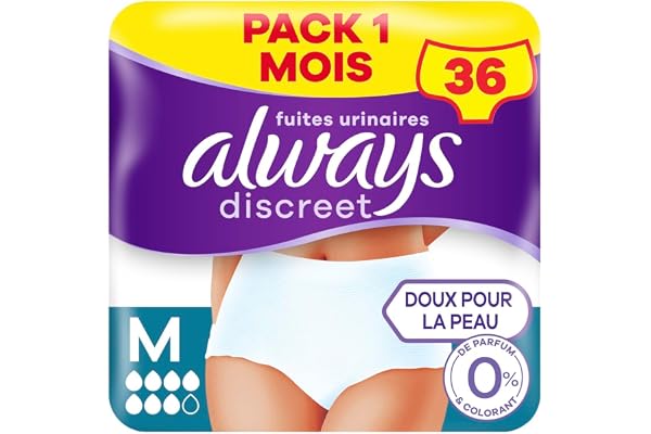 Always Discreet 0%, 36 Culottes Incontinence Femme, Plus 6 Gouttes, Sous-Vêtements Taille M, Blanc, Protection Très Absorbante pour Fuites Urinaires Importantes ou post accouchement, Pack 1 Mois