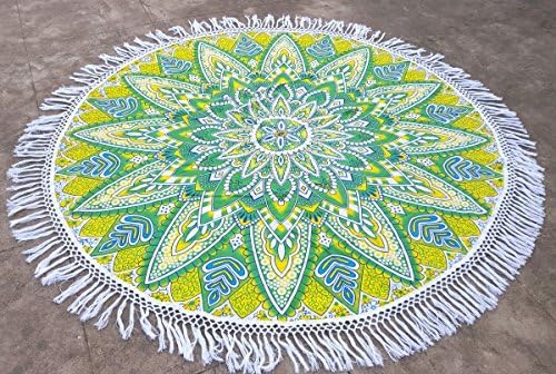 Green Yellow Flower Ombre Round Mandala Tassel Fringe Beach Throw Roundie Yoga Mat Table Cover By Fairdecor