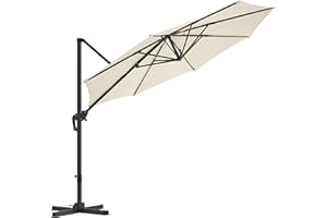 SONGMICS Garden Patio Cantilever Parasol, Offset Banana Hanging Umbrella, Sunshade with UPF 50+ Protection, 360° Rotation, Adjustable Tilt, Crank for Opening Closing, with Base