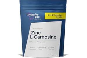LONGEVITY BOX Zinc L-Carnosine Supplement - 75mg x 180 Capsules of Maximum Bioavailable Zinc L-Carnosine 2 Per Serving, Supports Gut Health, Nutrient Absorption, Digestive Comfort - 3 Months Supply