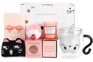 Qinhai Set Confezione Regalo Donna Tazza Gatto, Doppia Parete Vetro, da Caffe, Idee Regalo Amica Moglie Maestra Ragazzi, per Natale Pasqua Festa della Mamma Compleanno Halloween