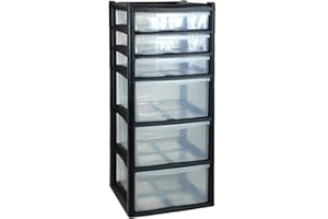 CrazyGadget® Extra Large 6 Drawer Tower Storage Draw Plastic School Office Home Organiser Unit Set Black - Made In UK