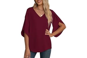 Yommay Women's Chiffon Blouse Ladies Tops Elegant Casual Loose 3/4 Ruffled Split Sleeve V Neck Summer Blouse T Shirts…
