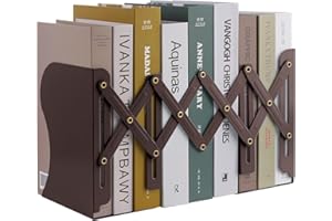 Expandable Metal Bookends, MSDADA Adjustable Book Ends Heavy Duty Book Holder Desktop Book Stand Non-Skid Desk Organizer for Kids Student Home Office School Bookshelf Book Storage(Brown)