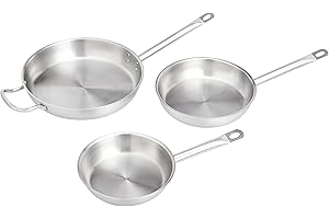 Amazon Basics Juego de 3 sartenes de acero inoxidable con revestimiento de aluminio, aptas para horno y lavavajillas, de 20, 24 y 30 cm, Plateado (anteriormente marca AmazonCommercial)