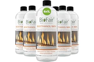 ‎BIOFAIR BioFair Bioethanol 100% | 6 x 1L Flasche | Für Ethanolkamin, Bioethanolkamin, Gartenfackel | Innen & Außen | Geruchs- & Rußfrei | Hochreines Bio Ethanol