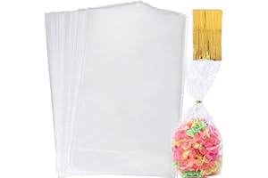 HAKACC 100 sztuk przezroczystych torebek na słodycze, torebki celofanowe 15 x 25 cm, przezroczyste kwadratowe torebki na słodycze, upominki, słodycze na urodziny dzieci, prezenty dla gości