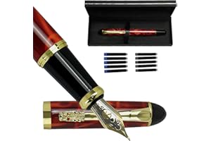 YUN CHUN Red Dragon Fountain Pen for Writing, Refillable Luxury Metal Pens, Fancy Ink Pen with 5 Black and 5 Blue Ink Refills, Gift Sets for Men and Women, Business Writing Pen with Marble Grain