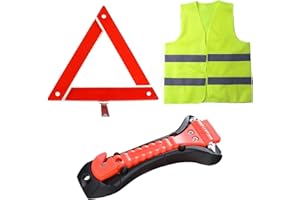 Ksvaye 3 in 1 Kit Emergenza Auto ECE Pieghevole Triangolo Auto Omologato con Martello di Emergenza per Auto con Taglia Cinture e Gilet Alta Visibilità , per Automobile Moto Camper