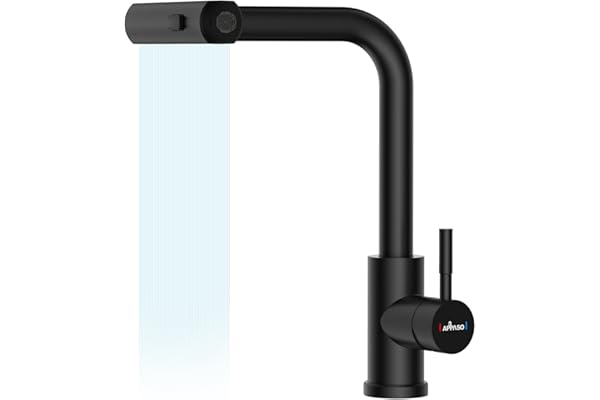 APPASO Robinet cascade noir robinet de cuisine cascade avec douchette extractible, robinets d'évier en acier inoxydable avec 3 fonctions, pivotant à 360 °, robinet mitigeur de cuisine 1 trou