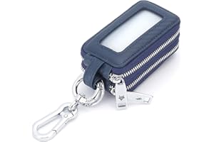 Car Key Case Wallet Aileder Genuine Leather Car Keyring Purse Keychain Holder Metal Hook and Window Double Zipper Bag for Remote Key Fob (Navy Blue)
