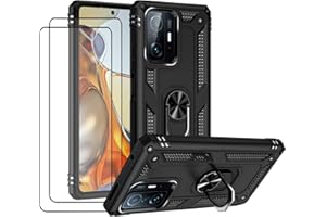 JOYTAG kompatibel für Xiaomi 11T/11T Pro Hülle，handyHülle+ Gehärtetes Glas Schutzfolie [2 Stück] Silikon TPU 360 Grad Drehring aus Halter magnetisch Autotelefon case-Schwarz