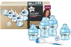 MAYBORN GROUP Tommee Tippee Closer to Nature Newborn Baby Starter Set | Includes 2 x 150ml + 2 x 260ml Baby Bottles, Soother & Cleaning Brush, 0m+ | Blue