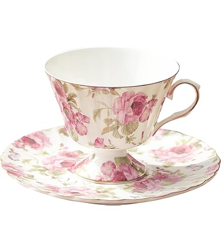 Tazza Da Tè In Bone China Rosa Con Piattino E Cucchiaio | 209,8 Ml | Porcellana Fine Lavabile In Lavastoviglie | Set Regalo