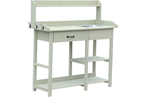 Gardenesque Potting Bench - with 3 Hooks - 3.5 Tier Wooden Planting Work Station - Drawer & Dry Sink - Pastel Green - Weatherproof Finish - W117xD45xH121cm