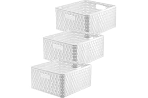 Rotho Country 3er-Set Aufbewahrungsbox Rattan-Optik, Kunststoff (PP) BPA-frei, Weiss, 14l, (32,8 x 30 x 16 cm)