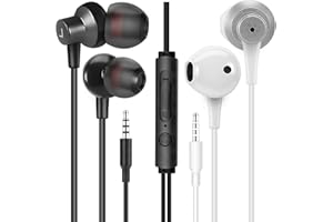 【2-pakiet, czarny WI7 + biały WH5】MAS CARNEY WH5/WI7 przewodowe słuchawki douszne, przewodowe słuchawki douszne z 3,5 mm jackiem i wbudowanym mikrofonem, kompatybilne z odtwarzaczami MP3, iPad, iPod