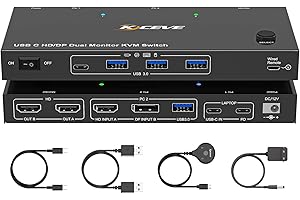 4K@60Hz USB C HDMI DP KVM Switch 1 PC 1 Laptop Sharing 2 Monitore und 4 USB 3.0 Ports, PD 60W für Laptops, Dual Monitor KVM Switches mit Kabelfernbedienung und USB Kabel