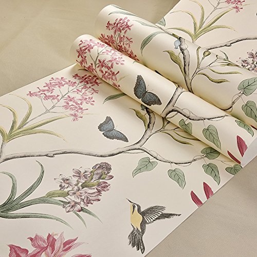 Tapete Vliestapete Fototapete Blumen Baum mit Vögel Vintage Stil 53*1000cm Wandtapete Wandbilder Wandbild LianLe (Beige) - 3