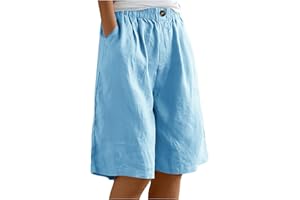 Keepink Linen Shorts for Women UK Knee Length Bermuda Shorts Elastic Waist Summer Shorts Baggy Straight Wide Leg Shorts Ladies Long Shorts Casual Beach Shorts with Pockets Sale