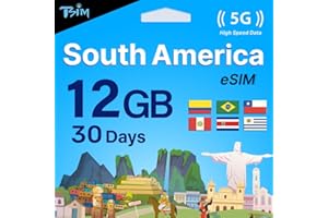 TSIM Amérique du Sud eSIM | 30 Jours | 12 Go 5G/4G/LTE | Partage de données autorisé | Fonctionne au Brésil, Chili, Colombie, Pérou, Uruguay et Costa Rica | Activation en 24h | Large Couverture.
