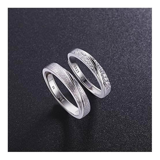 SHEGRACE Par de Anillos de Pareja en Plata de Ley 925 con Grabado Esmerilado y Anillos de Compromiso de Circonio 3A… - Imagen 3