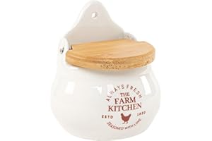 ROCKING GIFTS Salero de Cerámica Blanca con Tapa de Madera, 12 cm, Bote para Sal y Especias para la Cocina y Reposar en Pared