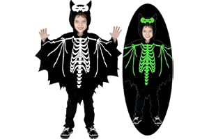 KDISHKRA Halloweenfladdermusdräkt för barn, skelettdräkt för barn, glöd i mörkret, vampyr, fladdermuskappa för halloween, läskig fest, karneval, cosplay (för storlek 120–130 cm)