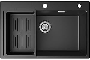 CECIPA Evier Cuisine 1 Bac 70x45x20 cm, Évier En Granit avec Grand Bassin, Lavabo Cuisine Avec Siphon & Trop-Plein, Évier à Encastrer des sous-meubles supérieurs à 80 cm - Noir
