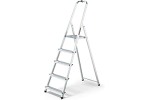 Drabest Escabeau 5 Marches en Aluminium - Capacité 125 KG - Barre de Sécurité en Haut de l’Escabeau Et Plateforme De Travail - Construction Robuste - Pieds antidérapants - Échelle multifonctionnelle