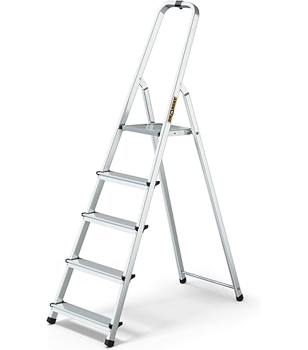 Bayersystem BS-DA5 120 Stepladder with 5 Steps, Aluminium Ladder, Maximum Load 120 kg, Max Working Height 3 m, Folding Ladder with Handrail, Non-Slip Feet, Folding Ladder for Household, Silver/Yellow Bayersystem BS-DA5 120 Stepladder with 5 Steps, Aluminium Ladder, Maximum Load 120 kg, Max Working Height 3 m, Folding Ladder with Handrail, Non-Slip Feet, Folding Ladder for Household, Silver/Yellow