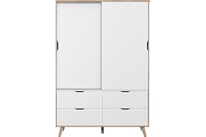 ‎FORTE FORTE VANKKA Schrank 140 Kleiderschrank Schiebetüren Skandinavischer Stil 2-türig mit 4 Schubladen Schlaf- oder Kinderzimmer Holzdekor: Eiche mit Weiß 139 cm breit x 201.5 cm hoch x 53 cm tief