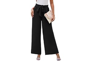 CMTOP Pantalon Femme Fluide Été Pantalon Large Chic et Elegant Pantalon Leger Taille Haute Elastique Palazzo Pants Décontracté Jambe Droite Pantalons Ample avec Poches et Cordon