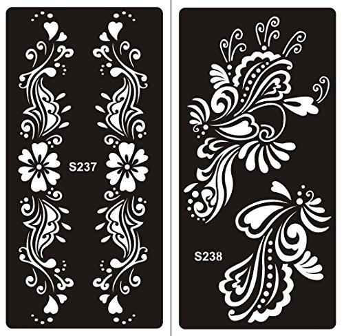STENCILS TEMPLATE TATTOO SELF ADHESIVE Set of 2 Sheets- single use S237 238 - suitable for Henna Tattoo Glitter Tattoo and Airbrush Tattoo